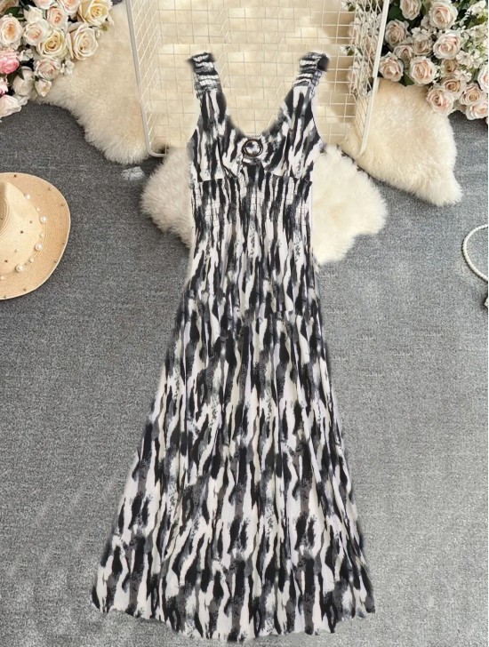Abstract V -Neck Sleeveless Summer Dress